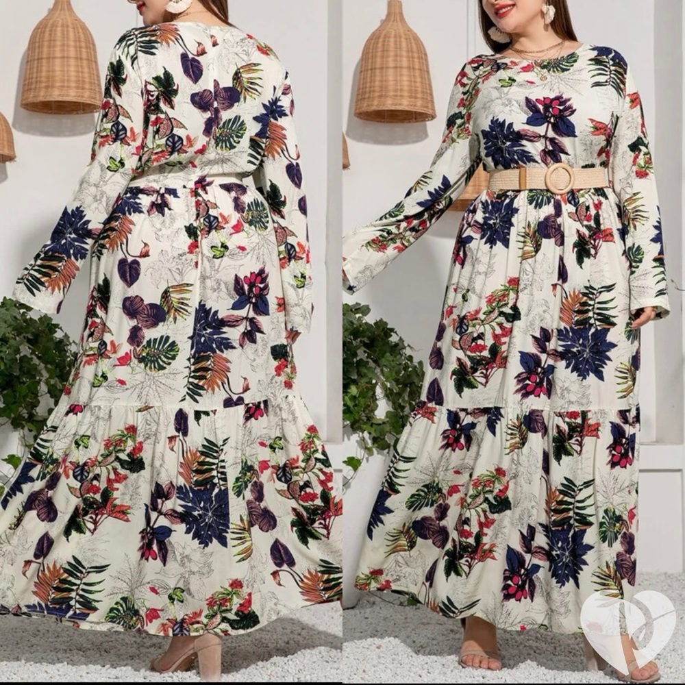 Boho Plus Size Tropical Floral Print Ruffle Maxi Dress NO BELT - Picture 3 of 7